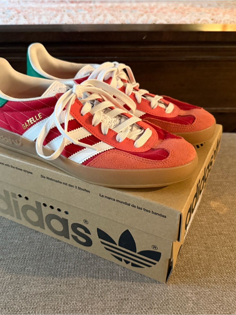 adidas men’s Gazelle Sneakers in Red with White Stripes